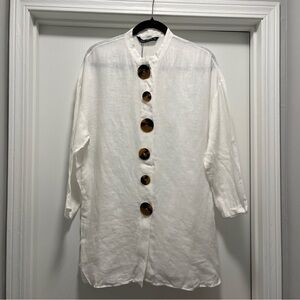 Zara Woman Medium White Linen Faux Button Up 3/4 Sleeve Top Large Button Accent
